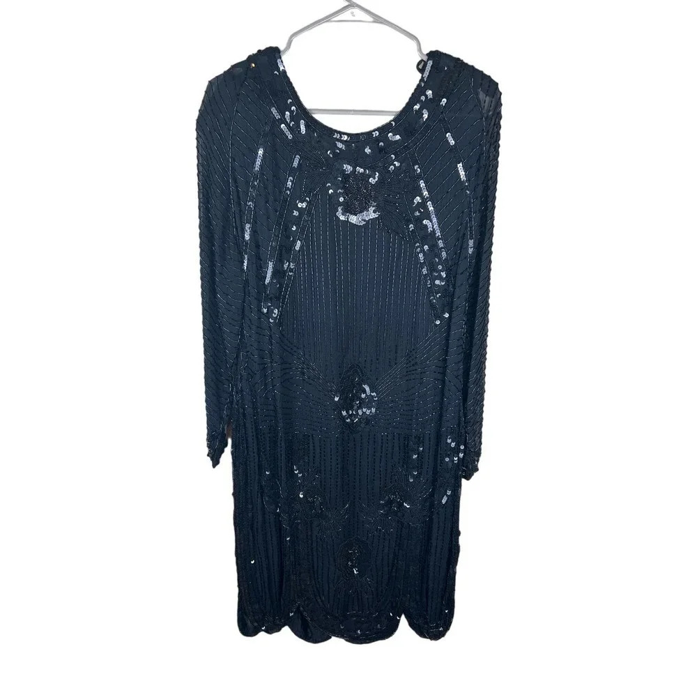Swee Lo Heavily Beaded Sequin Shift Long Sleeve Silk Dress Women’s Size XL